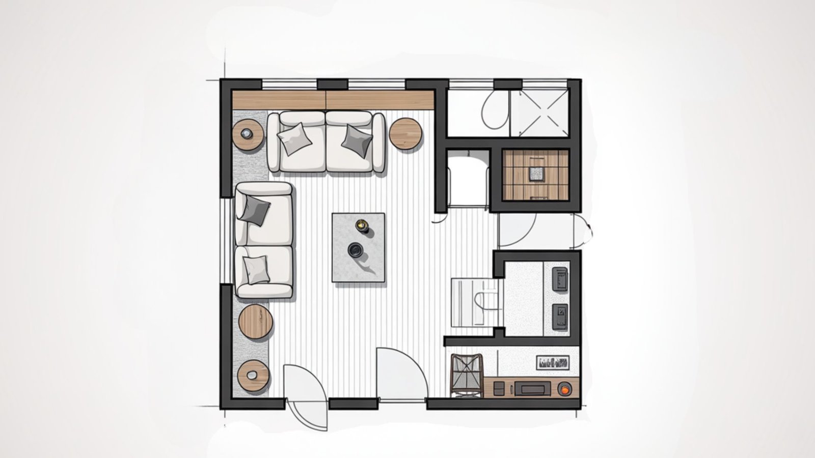 Floor plan of a small apartment featuring a cozy living room with a sofa and coffee table, a compact kitchen, a bathroom, and wooden accents.