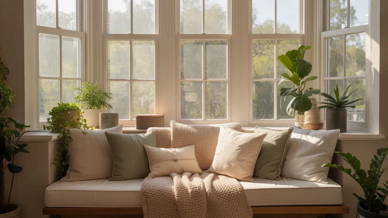 A cozy window seat adorned with colorful pillows and vibrant plants, inviting relaxation and natural light.