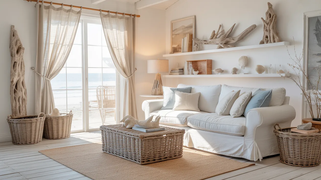 Cozy coastal living room with natural tones. Features a white sofa, wicker coffee table, driftwood decor, and sheer curtains framing a beach view.