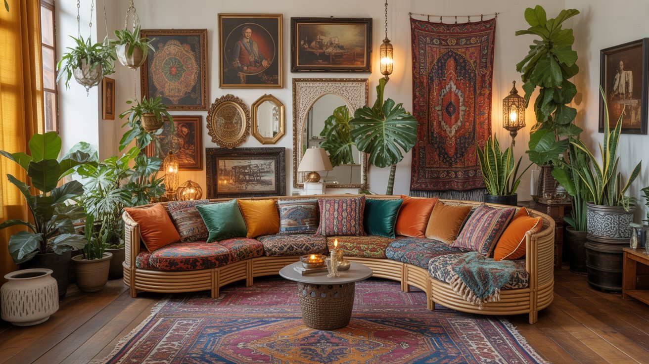A cozy living room features a curved rattan sofa with colorful cushions, surrounded by lush plants and eclectic wall art. Warm lighting adds a bohemian vibe.