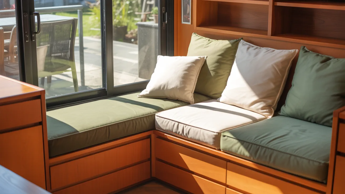 A cozy corner bench with green and white cushions bathed in soft sunlight. Wooden drawers underneath offer storage. Outdoor scenery is visible through the window.