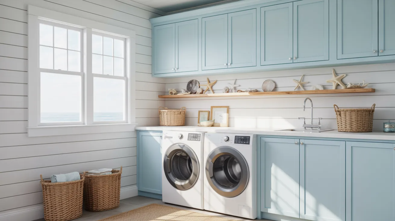 A bright, coastal-themed laundry room with light blue cabinets, two washing machines, and wicker baskets. A shelf displays starfish and seashells.