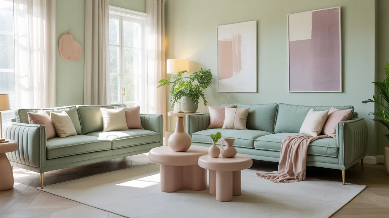 A pastel-themed living room features mint green sofas with pink and white cushions, pink abstract wall art, and plants, creating a serene ambiance.