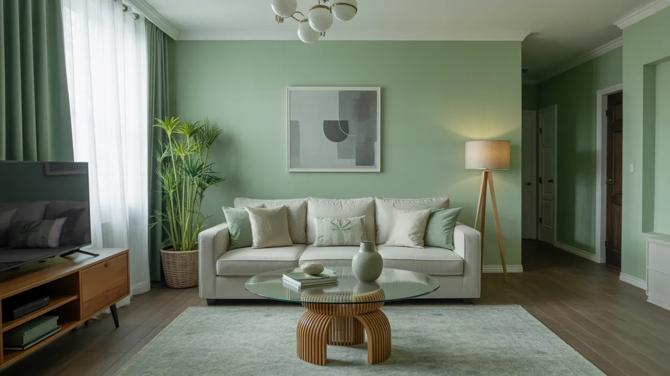 A serene living room features a soft green palette. A white sofa with accent pillows faces a glass coffee table. Tall plants and abstract art add calmness.