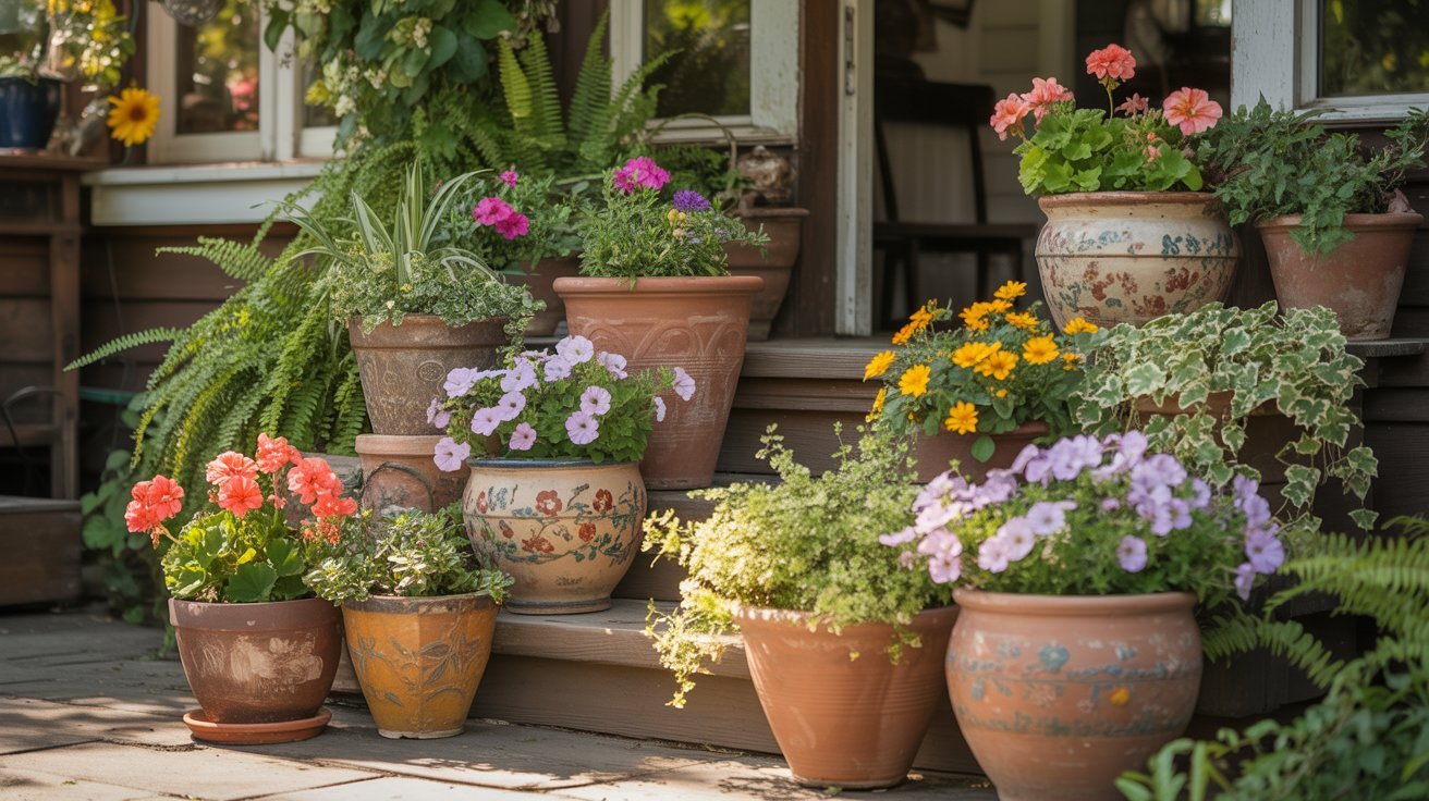Potted flowers line wooden steps leading to a house, featuring vibrant pink, orange, and purple blooms surrounded by lush green foliage. Cheerful and inviting.
