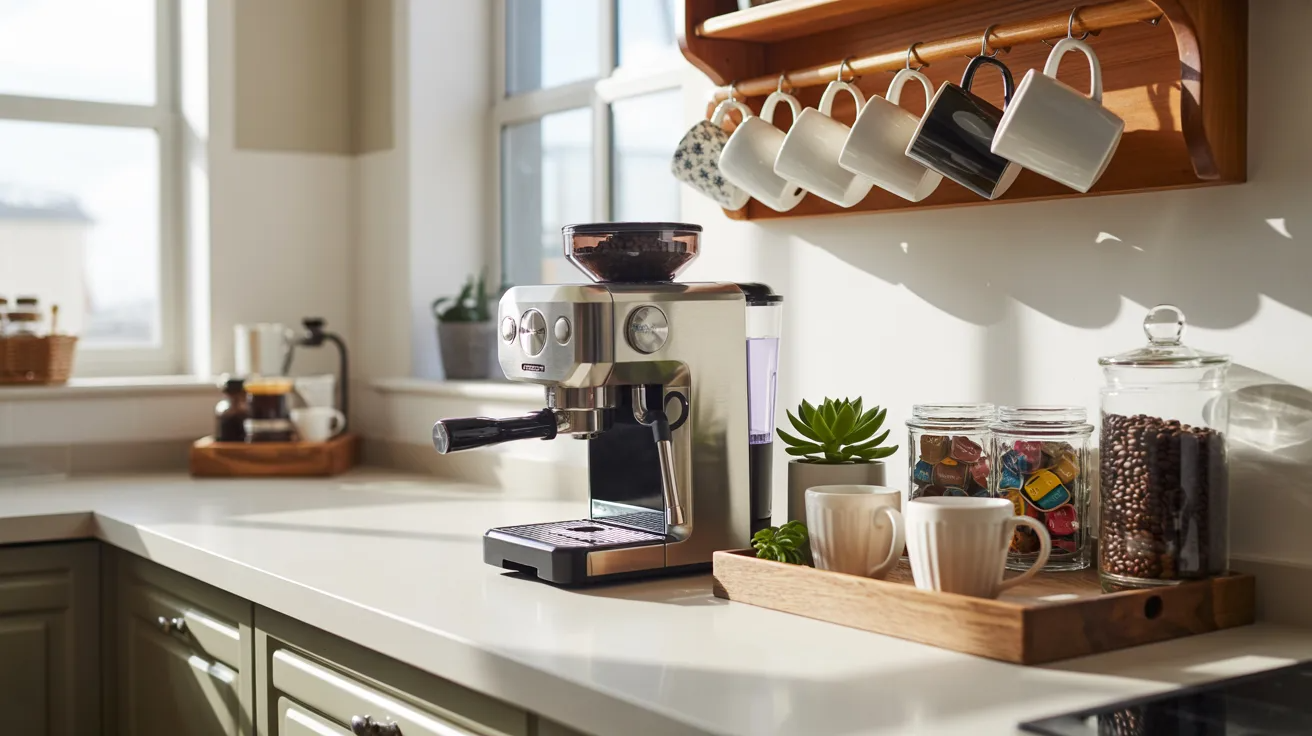 Bright kitchen with a silver espresso machine on a white counter. Hanging mugs, a small plant, jars of coffee beans, and colorful pods add a cozy vibe.