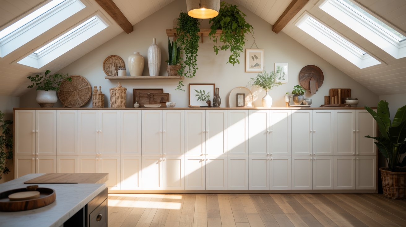 A sunlit, cozy attic kitchen with white cabinets and skylights. Decor includes plants, wicker baskets, and ceramics, creating a warm, rustic feel.