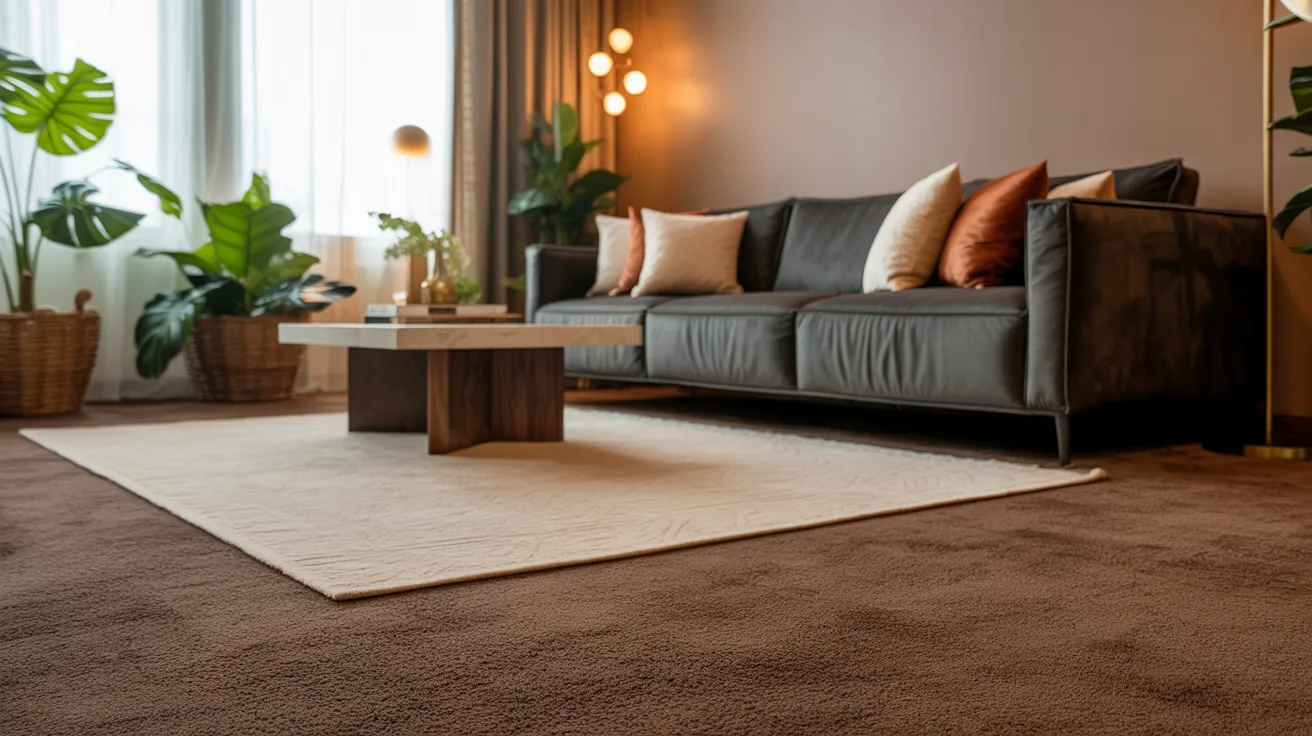 A cozy living room with a gray sofa adorned with white and brown pillows. A wooden coffee table sits on a cream rug. Large plants and warm lighting create a calm ambiance.