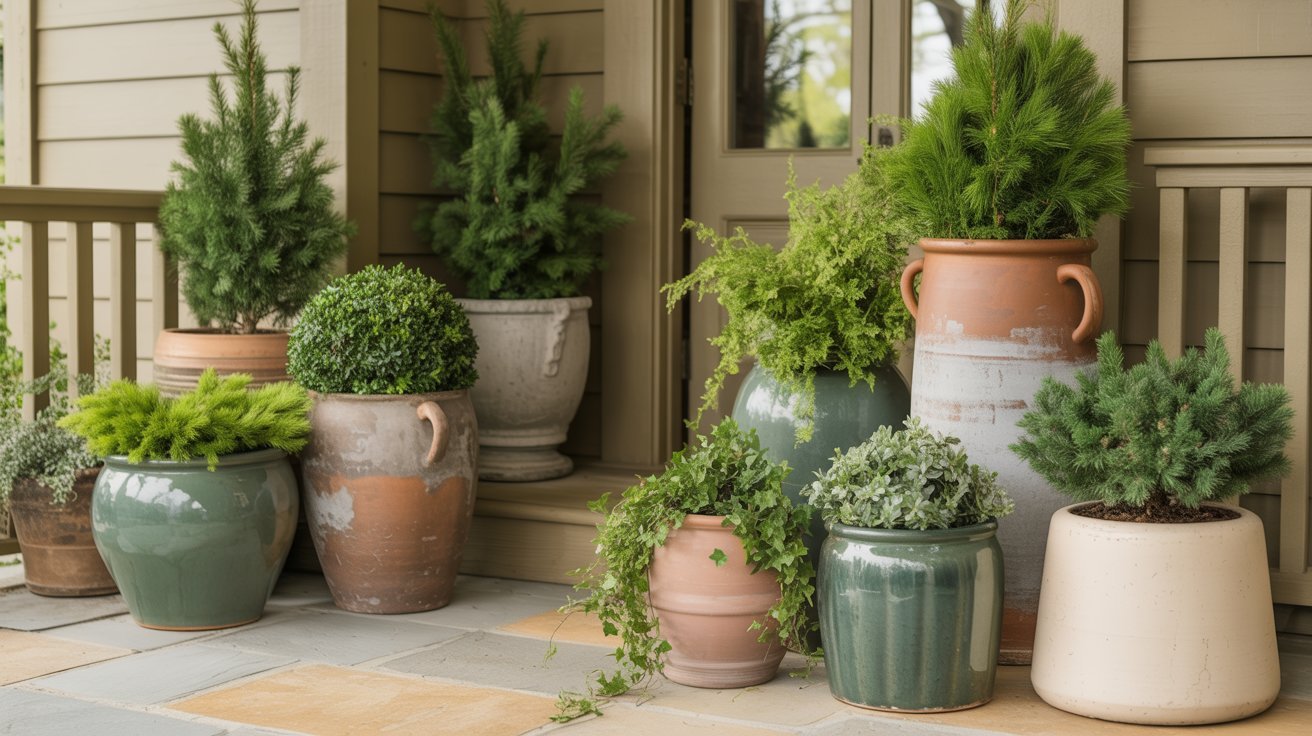 Various potted plants on a porch, featuring lush greenery in large, earthy pots. The arrangement creates a tranquil and inviting atmosphere.