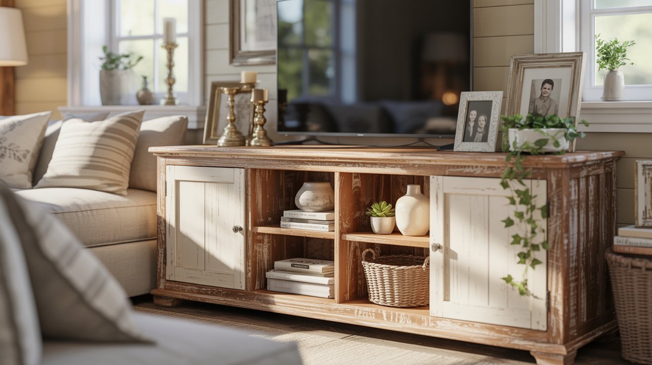 Rustic living room with a wooden TV stand featuring framed photos, plants, shelves with books and vases. Soft natural light and cozy ambiance.