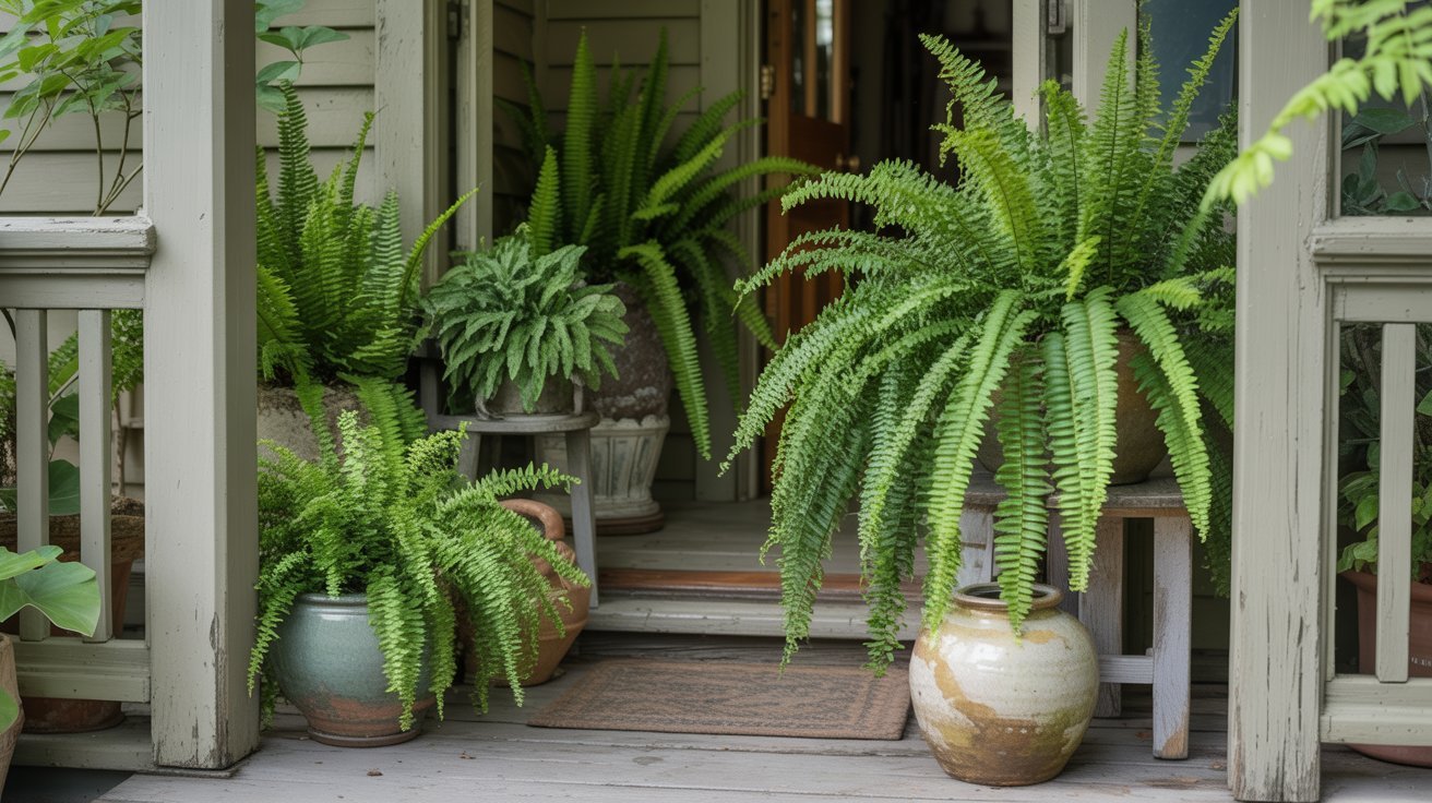 A cozy porch adorned with lush green ferns in various pots. The plants create a vibrant, inviting atmosphere, enhancing the rustic charm of the wooden porch.