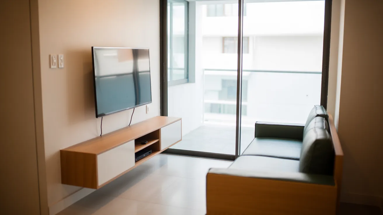 A modern, minimalist living room with a wall-mounted TV, sleek wooden cabinet, leather sofa, and large glass sliding doors leading to a bright balcony.