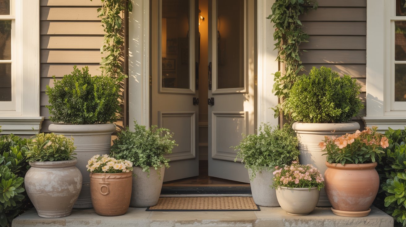 A welcoming front porch with an open door, surrounded by various potted plants and greenery. The scene conveys warmth and hospitality.