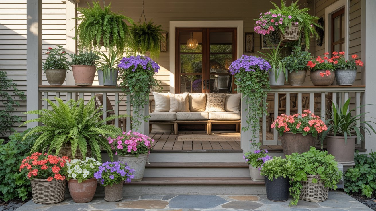 A cozy porch adorned with vibrant potted flowers and lush ferns. A cushioned bench centers the inviting space, creating a welcoming, serene atmosphere.