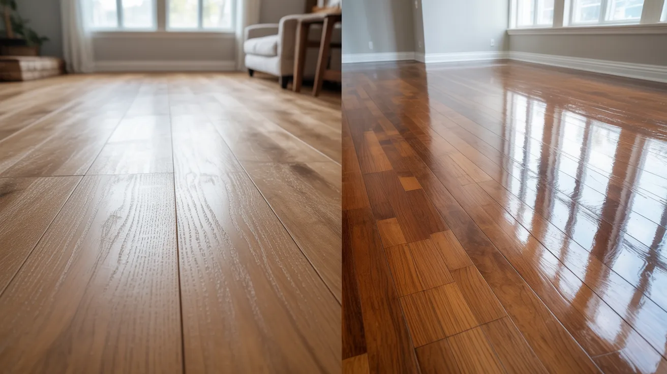 Comparison of two wooden floors: one matte and textured, the other glossy and reflective. Natural light streams in through large windows, creating a warm ambiance.