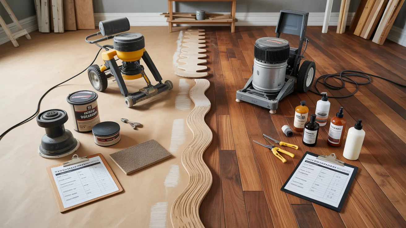 Close-up of a hardwood floor refinishing setup with tools, sanding machines, wood stain cans, brushes, and clipboards on a partially sanded floor.