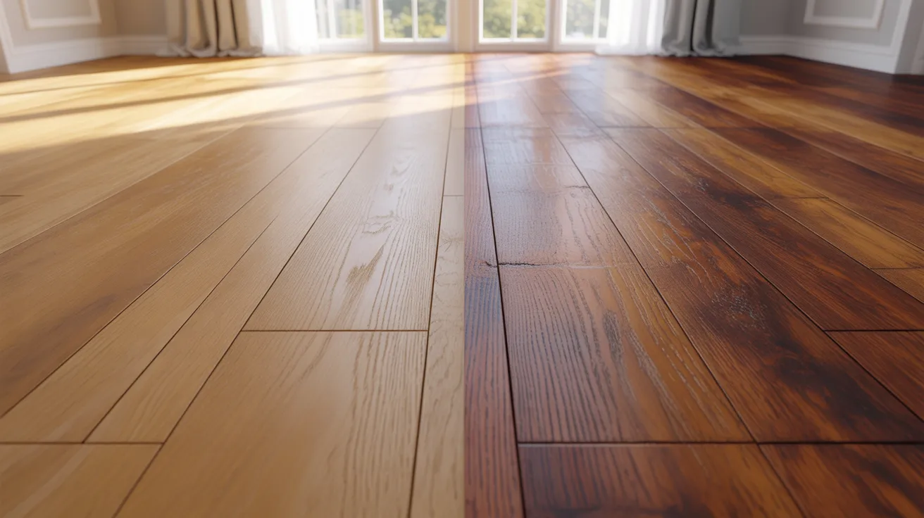 Sunlit room with polished hardwood flooring transitioning from light to dark tones. Sunlight streams through large windows, creating a warm, inviting atmosphere.