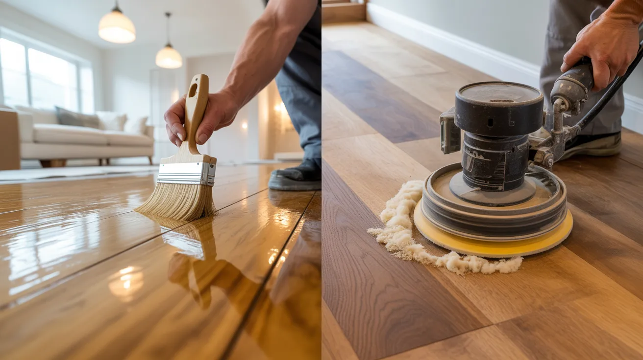 Split image: Left side shows a hand applying glossy varnish with a brush on wood flooring. Right side depicts a sander polishing wooden floor. Bright, cozy interior.