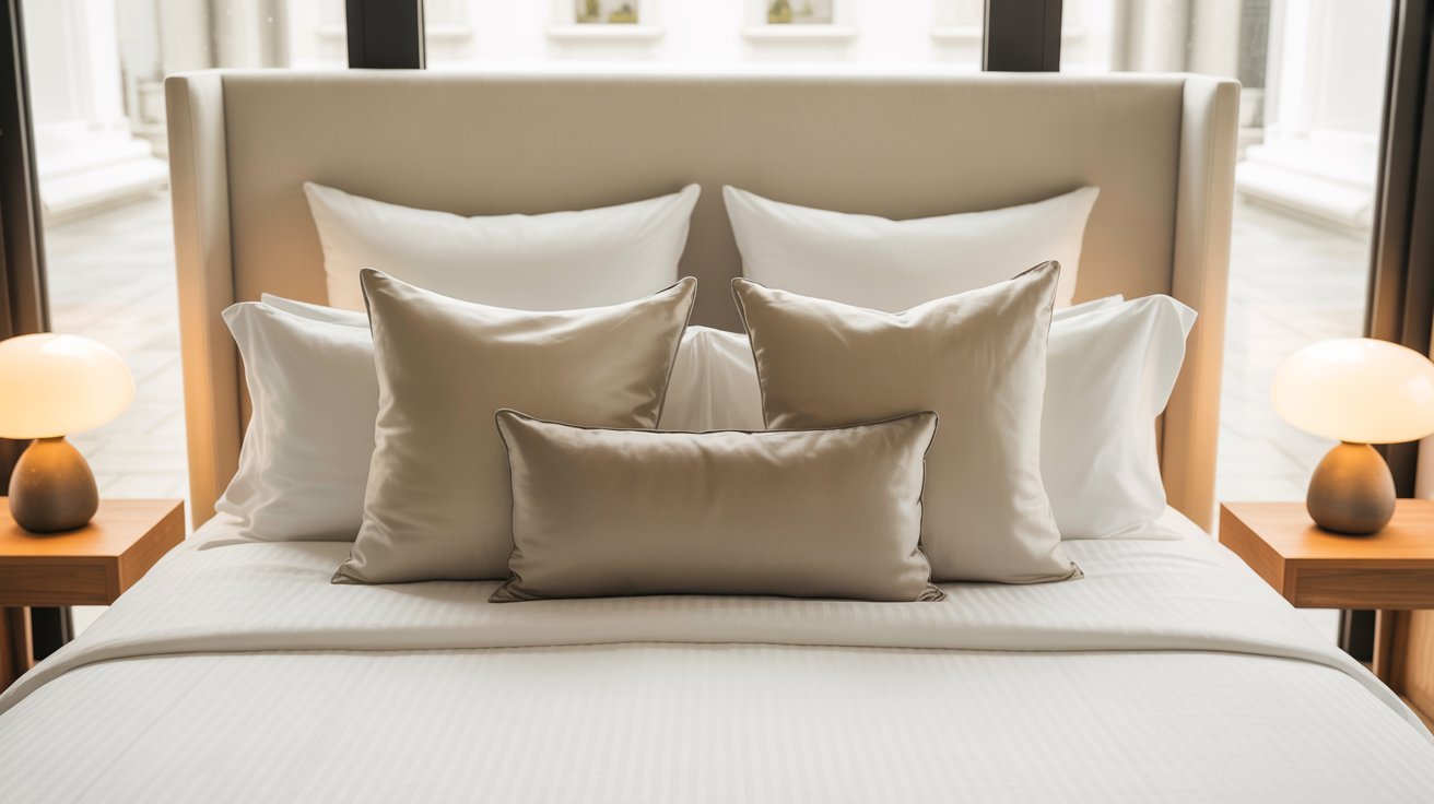 Luxurious bed with beige and white pillows on a neatly made sheet. Soft lighting from bedside lamps creates a calm, inviting atmosphere.