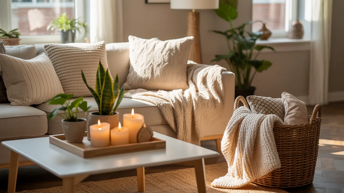 A cozy living room featuring a couch, a table, and a woven basket for storage.
