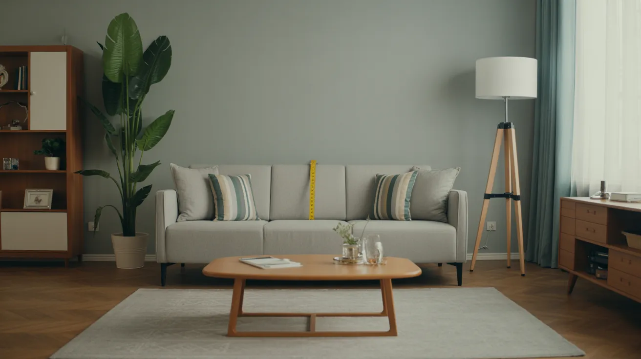 A modern living room with a white sofa adorned with striped cushions. A tall plant and shelf are on the left, a floor lamp on the right. A wooden coffee table and soft lighting create a cozy, minimalist ambiance.