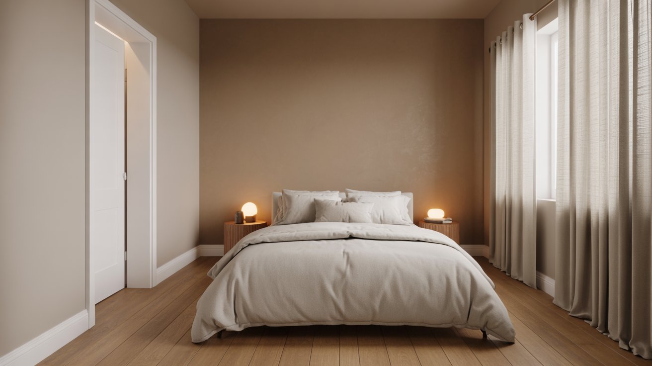 Minimalist bedroom with beige walls and wooden floor. A plush bed with neutral bedding is centered, flanked by two nightstands with glowing lamps. Soft natural light streams through curtains.