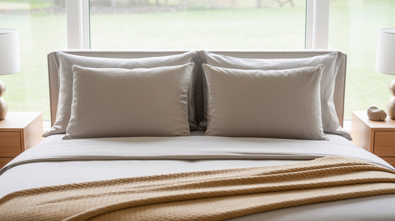 A neatly made bed with crisp white pillows and sheets, a beige textured blanket, flanked by wooden nightstands and matching lamps, evoking a serene, minimalist vibe.