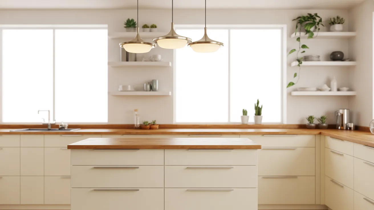 Modern kitchen with cream cabinets and wooden countertops. Minimalist decor includes potted plants and open shelves. Three pendant lights hang above.