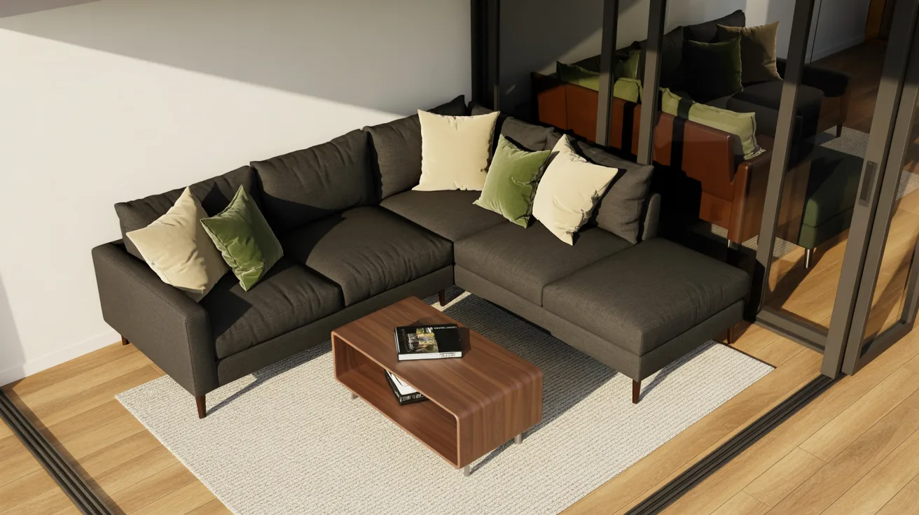 Stylish living room with a dark gray L-shaped sofa adorned with green and beige pillows, a wooden coffee table with books, and a textured rug on a wooden floor. Cozy and modern ambiance.