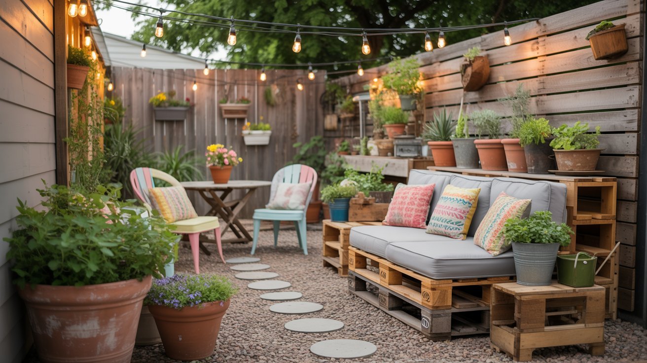 Cozy patio with wooden seating and colorful cushions, surrounded by potted plants. String lights hang above, creating a warm and inviting atmosphere.