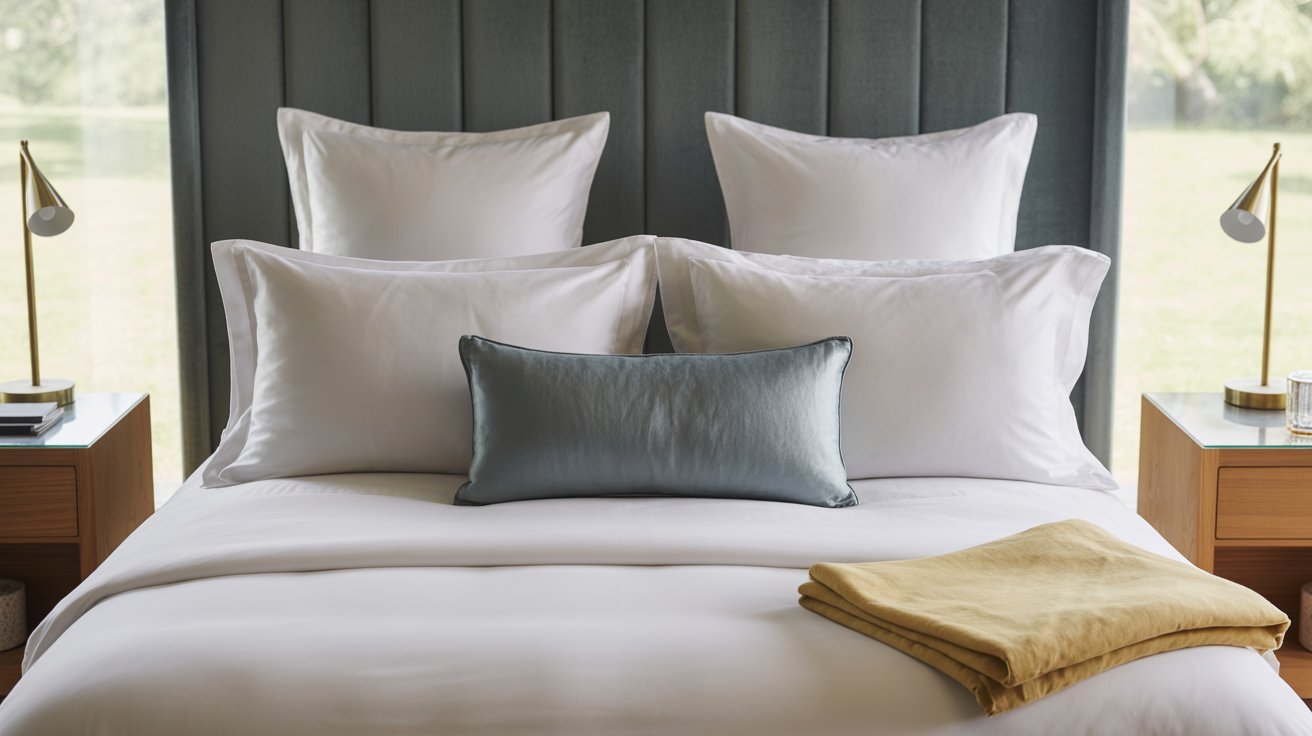 A neatly made bed with crisp white pillows and a light blue accent pillow. A folded yellow blanket lies at the foot, flanked by wooden nightstands.