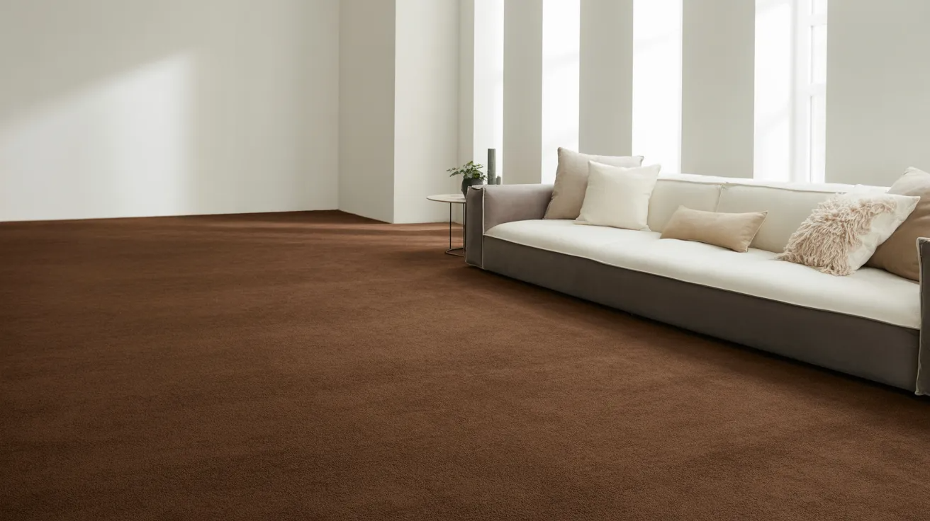 A minimalist room with a soft brown carpet, white walls, a large gray sofa adorned with cream cushions, and a small side table with a plant, exuding calmness.