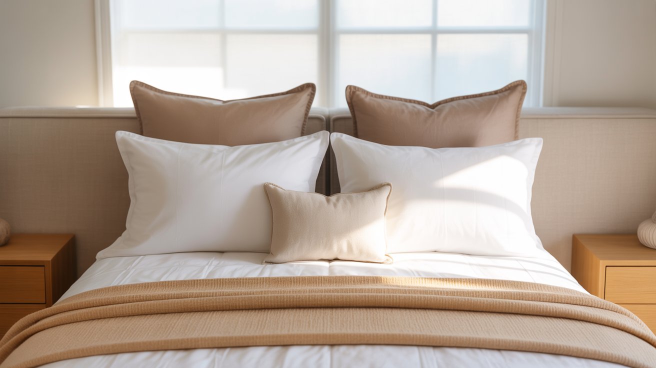 A neatly made bed featuring two standard pillows and two white decorative pillows arranged symmetrically.