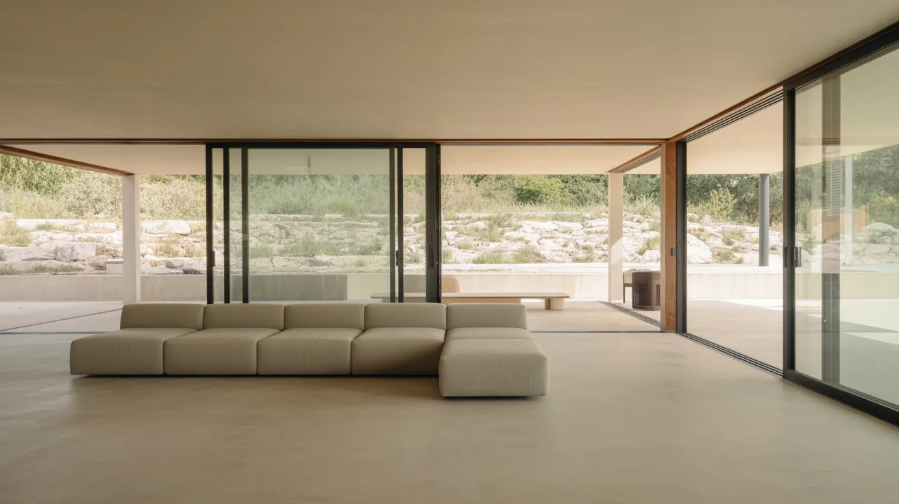 A minimalist living room with a beige, modular sofa facing large glass walls, offering a view of a stone terrace and lush greenery outside, creating a serene ambiance.