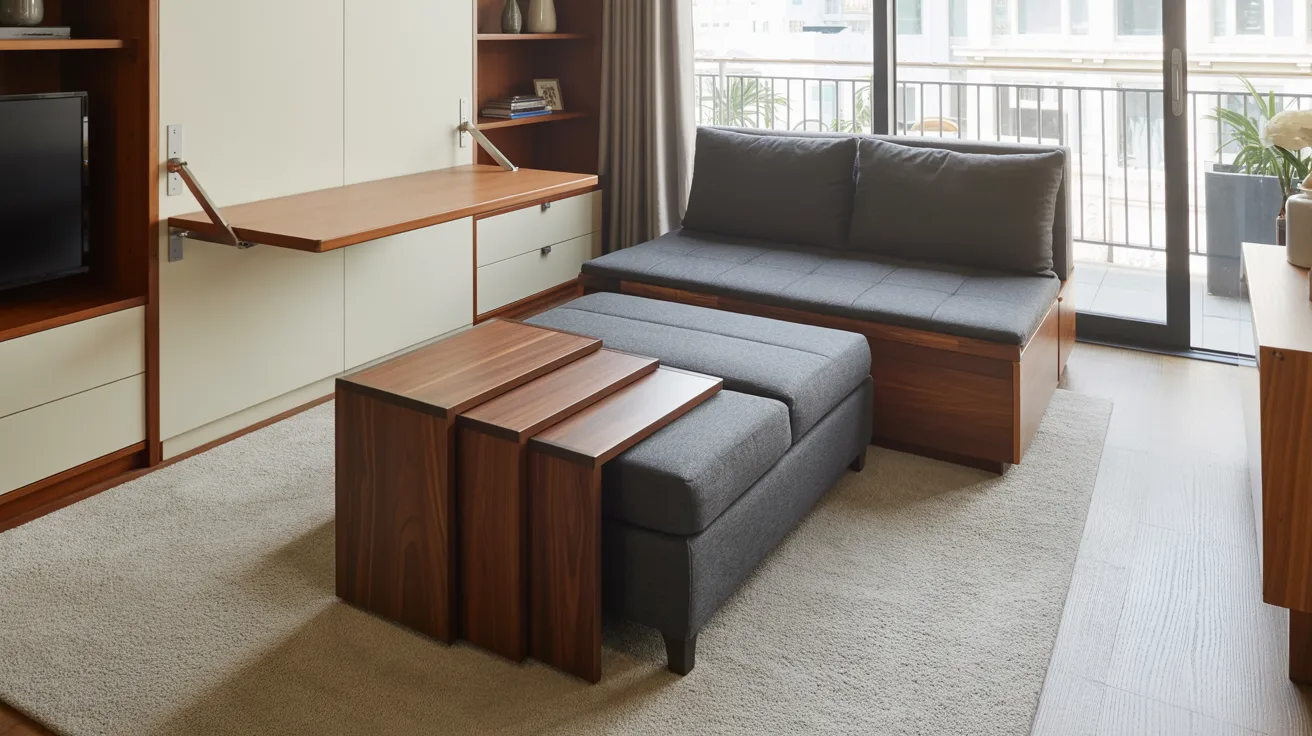 Contemporary living room with a gray sofa, nesting tables, wall-mounted desk, and large window. Neutral tones create a cozy, modern atmosphere.