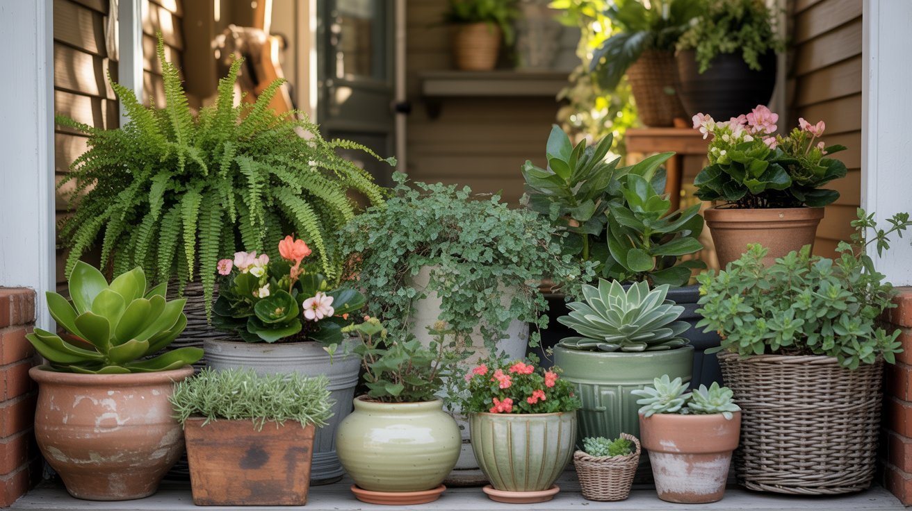 A variety of potted plants, including ferns, succulents, and flowering plants, arranged on a sunlit porch. The scene conveys a sense of lush greenery and tranquility.