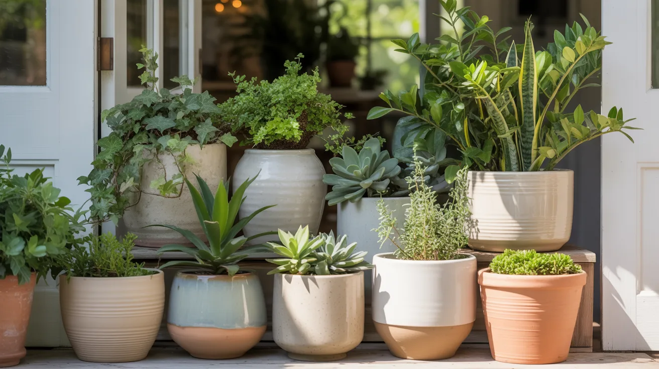 A collection of potted plants, including ferns and succulents, sits on wooden steps by a sunlit doorway, conveying a vibrant and serene atmosphere.