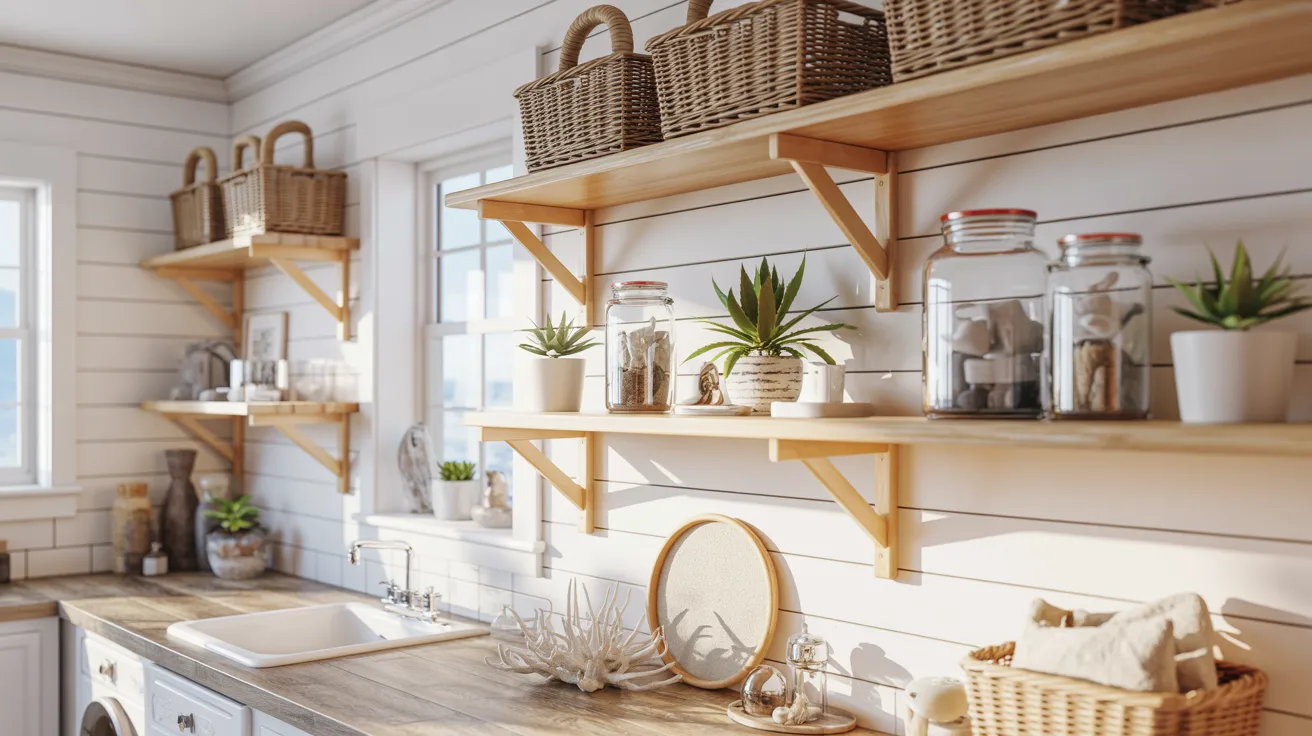 A cozy kitchen featuring wooden shelves filled with baskets, creating a warm and inviting atmosphere.