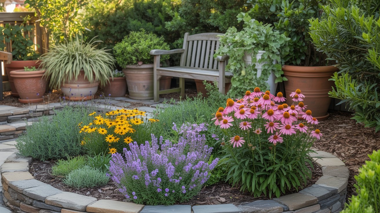 A serene garden features a circular stone-bordered flower bed with vibrant purple, pink, and yellow blooms. A wooden bench and potted plants enhance the tranquil setting.