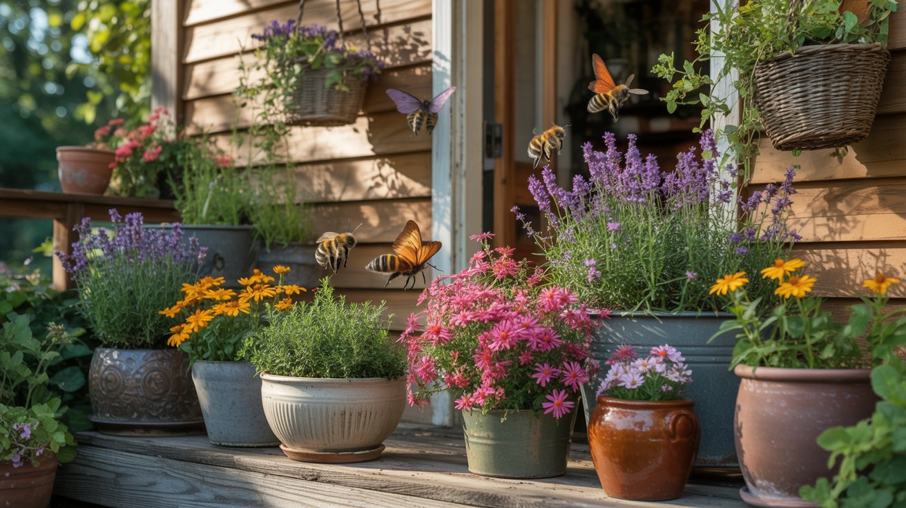 A charming porch with assorted flowering pots, including lavender and daisies, attracts vibrant butterflies and bees, evoking a serene, summery vibe.
