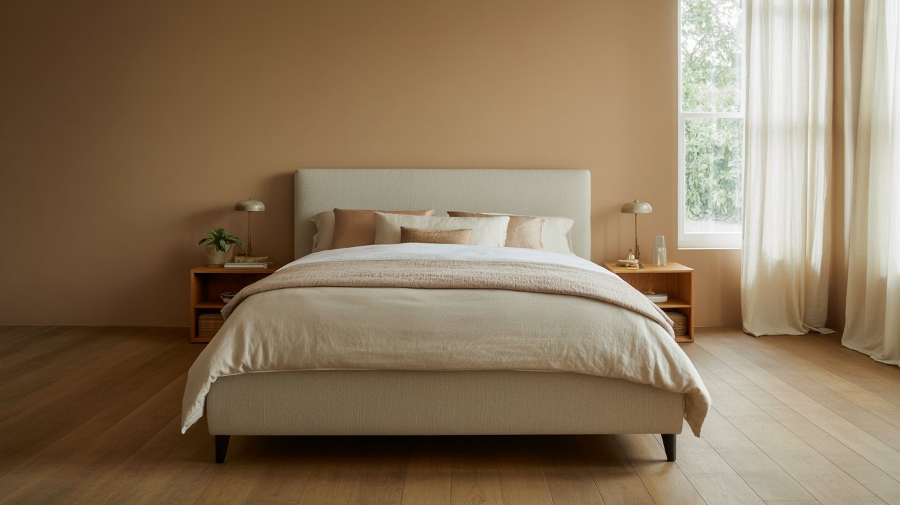 Minimalist bedroom with a beige bed, matching pillows, and neutral tones. Wooden nightstands flank the bed, with lamps and a small plant. Soft, natural light filters through sheer curtains.