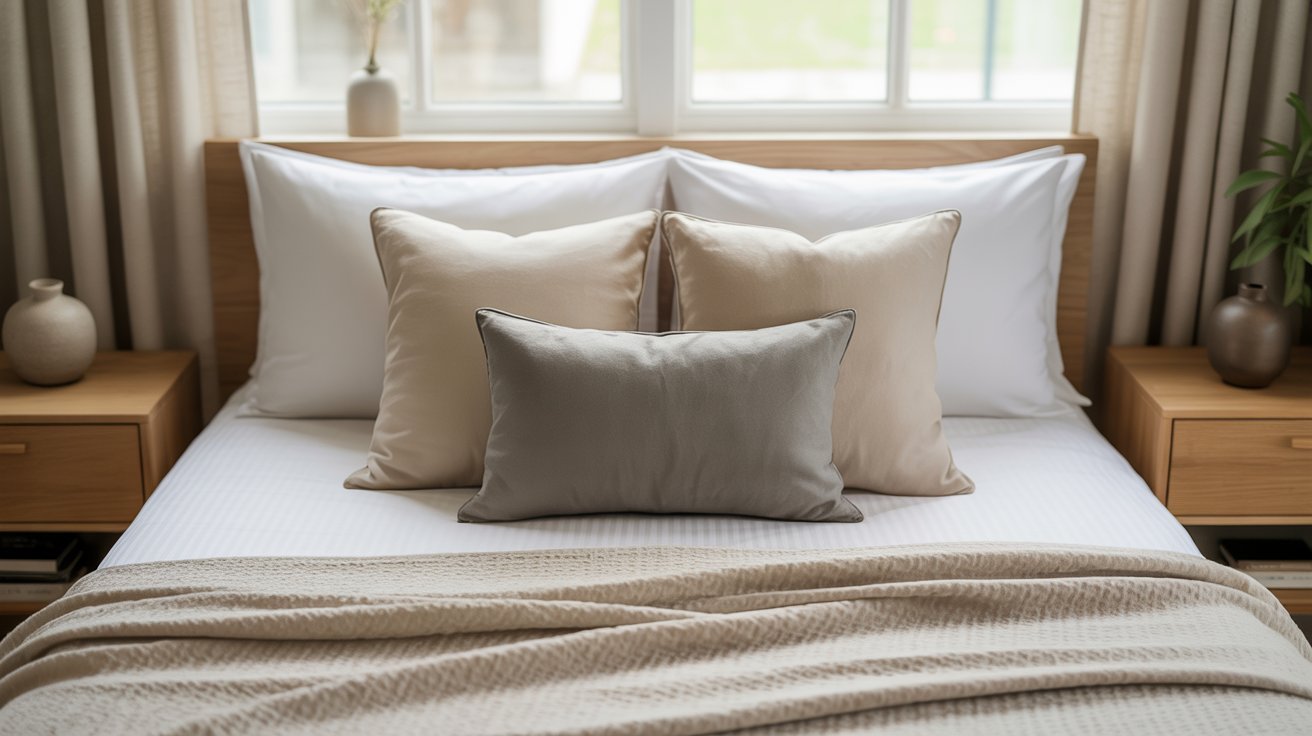 A neatly made bed with white and beige pillows sits under a large window. Light wooden nightstands hold vases, creating a calm, cozy ambiance.
