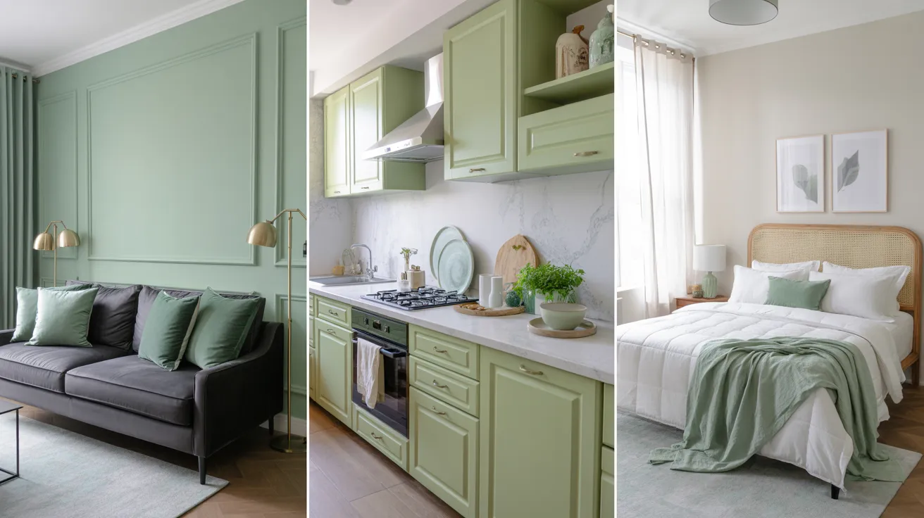 A chic apartment interior with mint green accents. Left: Gray sofa with green cushions in a living room. Center: Modern kitchen with green cabinets. Right: Bedroom featuring a cozy bed with a green blanket and artwork above. Light and airy atmosphere.