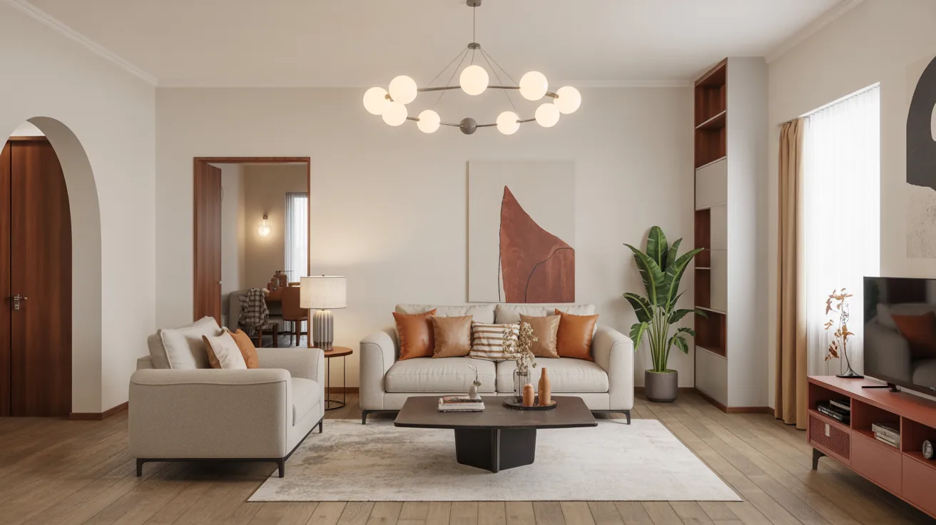 A modern living room with neutral tones features a beige sofa with orange pillows, a large abstract painting, a plant, and a geometric chandelier.