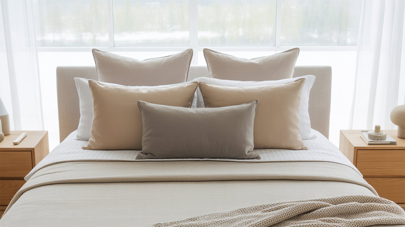  Neutral-toned bed with arranged pillows, set in a bright room. Natural light filters through sheer curtains, creating a calm, serene atmosphere.