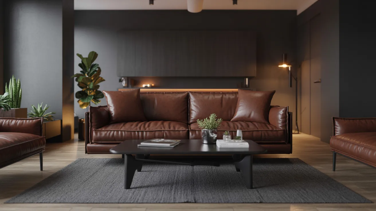 A modern living room featuring dark walls and stylish brown leather furniture, creating a cozy and sophisticated atmosphere.