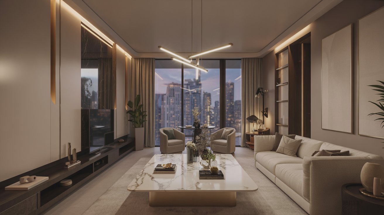 Modern living room with a city view. Features a marble coffee table, elegant sofas, contemporary lighting, and floor-to-ceiling windows at dusk.