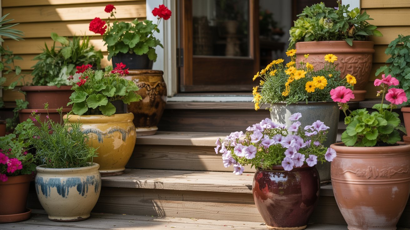 Potted flowers in vibrant colors like red, yellow, and purple line wooden steps leading to a door. The scene feels lively and welcoming.