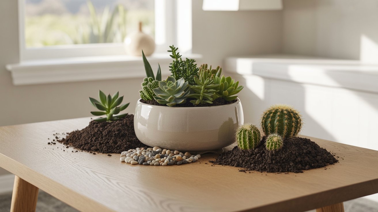A modern tabletop displays a white ceramic bowl filled with various succulents. Cacti and soil piles surround the bowl, complemented by scattered pebbles. Natural light from a window creates a serene, earthy ambiance.