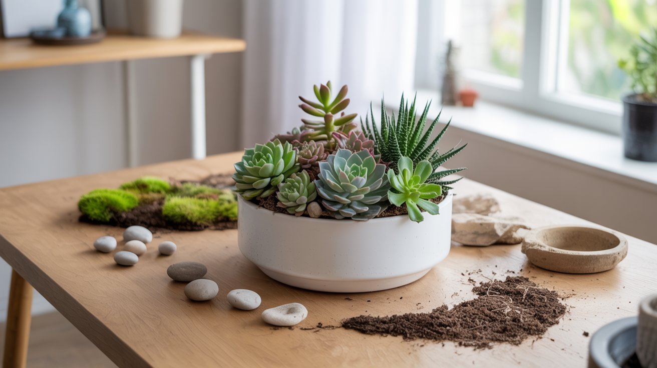  A white ceramic bowl with a variety of succulents is centered on a light wooden table. Surrounding it are smooth pebbles, small moss patches, and scattered soil. Sunlight streams in from a window, creating a calming and natural ambiance.